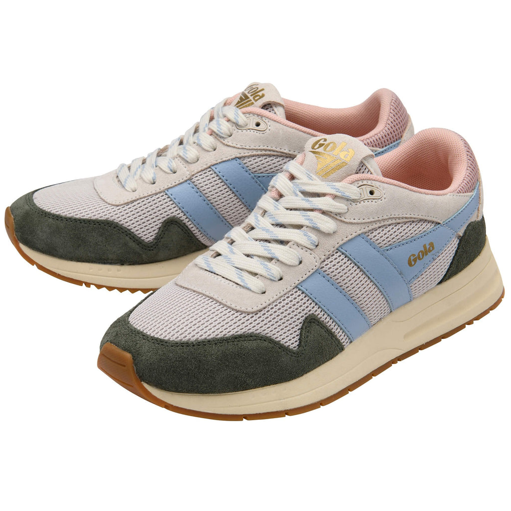 Pair of Gola trainers in light grey with blue stripes, dark green suede accents, and pink lining on a white background