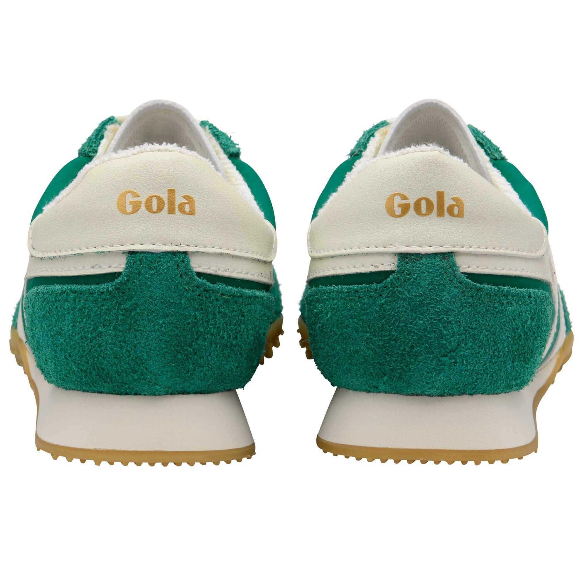 Pair of Gola trainers, green suede with cream accents and gold Gola branding on the heel