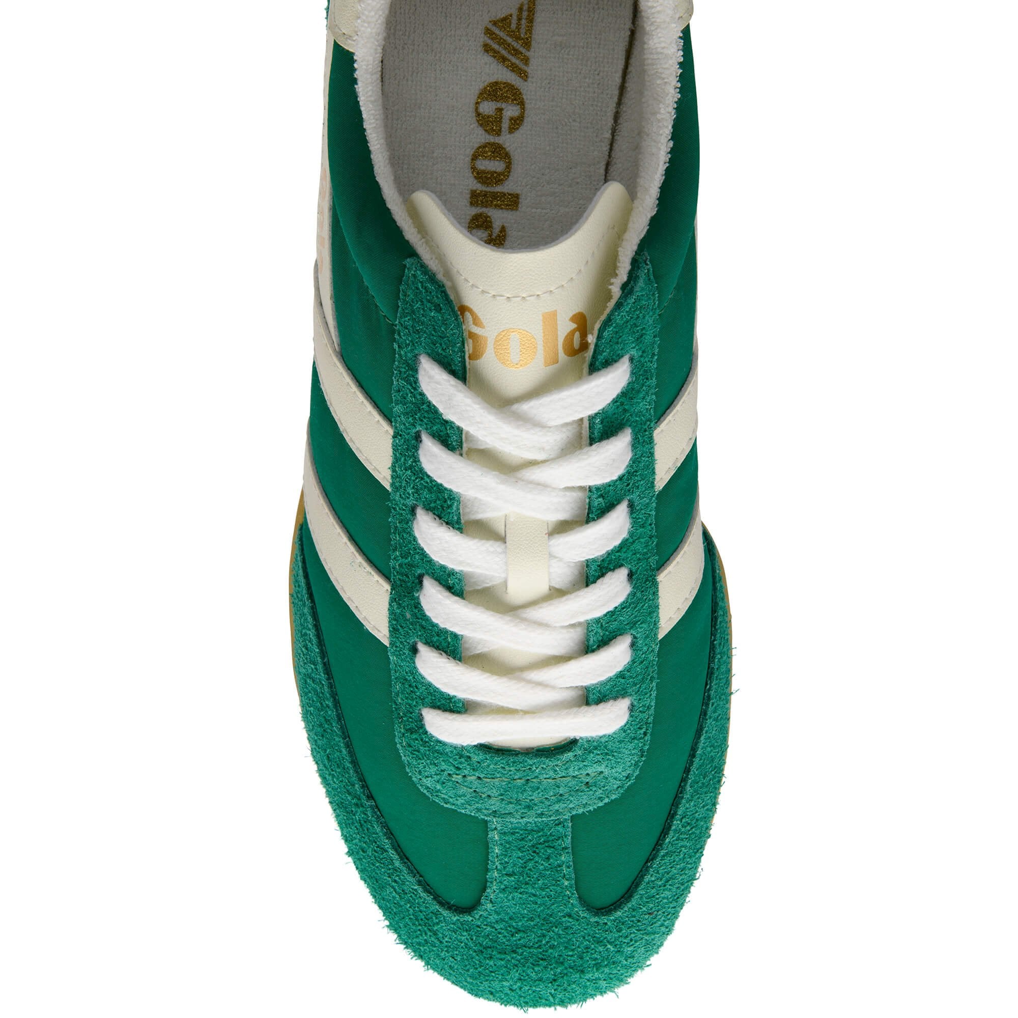 Top down view of a green and white Gola trainer with white laces