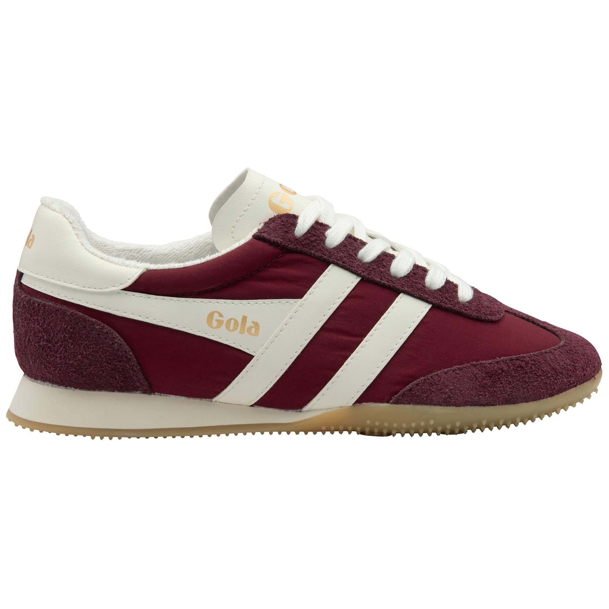 Gola trainer in burgundy with white stripes and laces