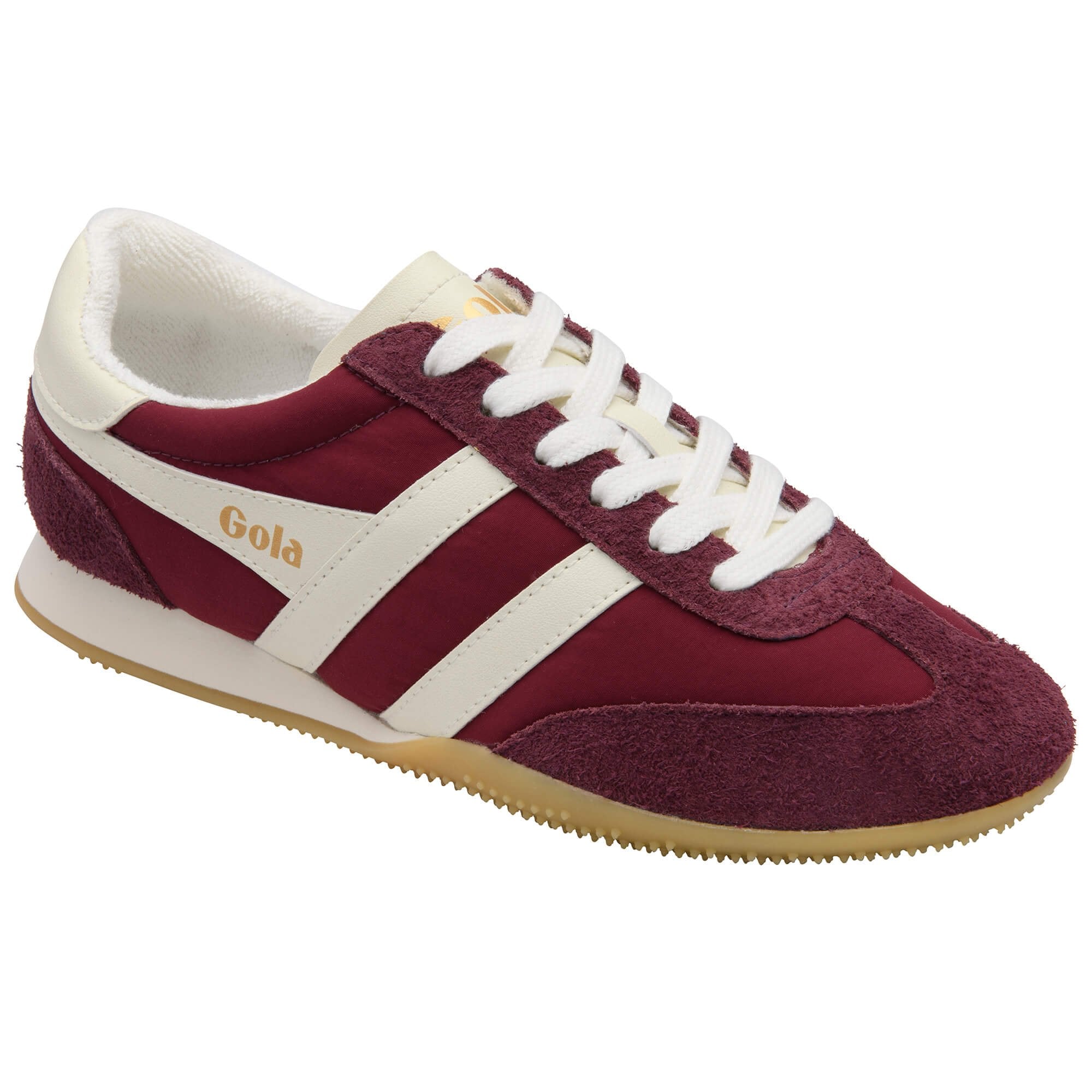 Maroon and white trainer with 'Gola' branding on a white background