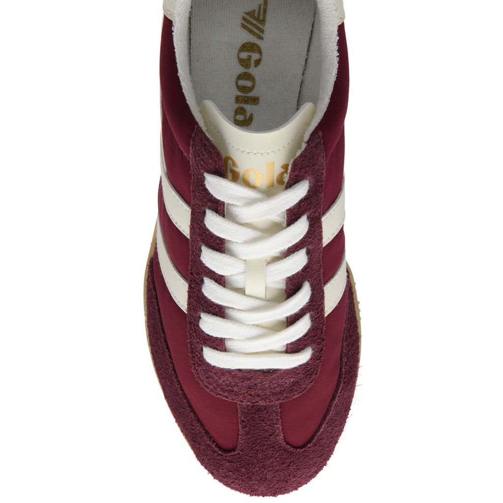 Maroon trainer with white laces and Gola logo on a white background