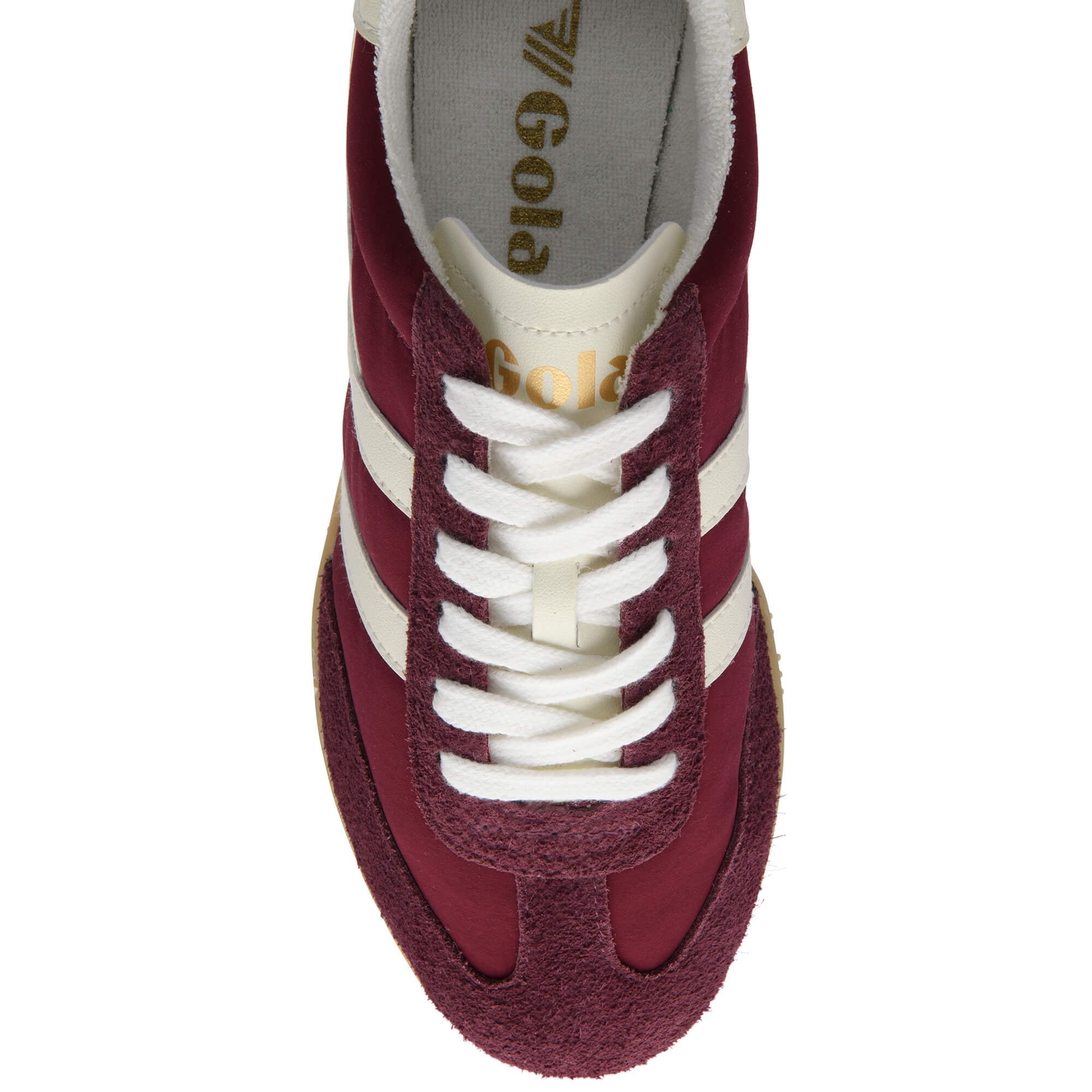 Maroon trainer with white laces and Gola logo on a white background