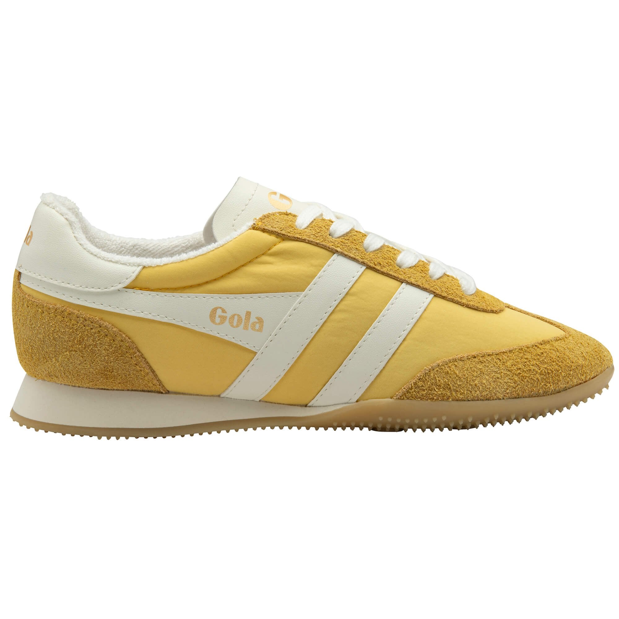 Gola trainer in yellow with white stripes and laces on a white background