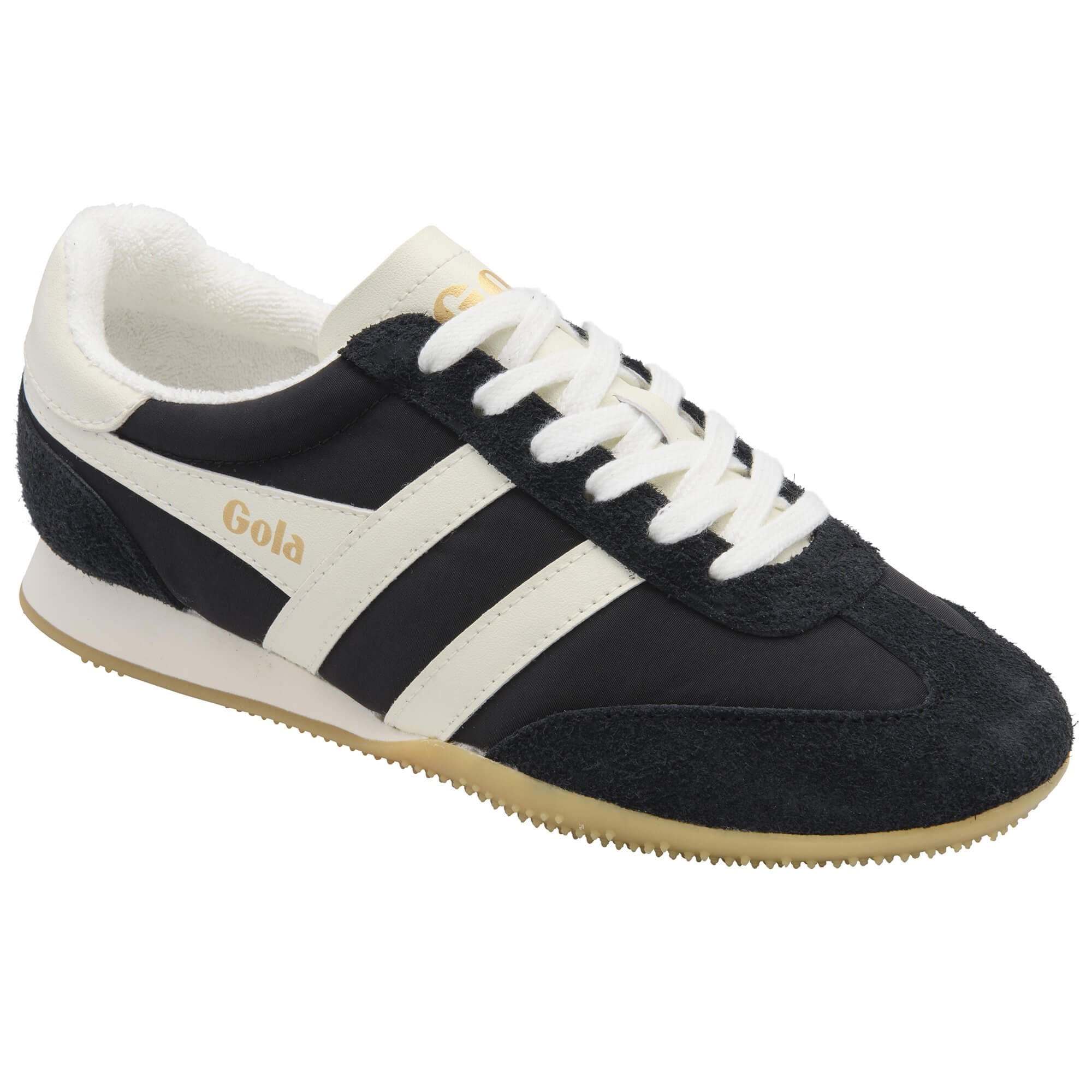 Black Gola trainer with white stripes and laces, and a gum sole