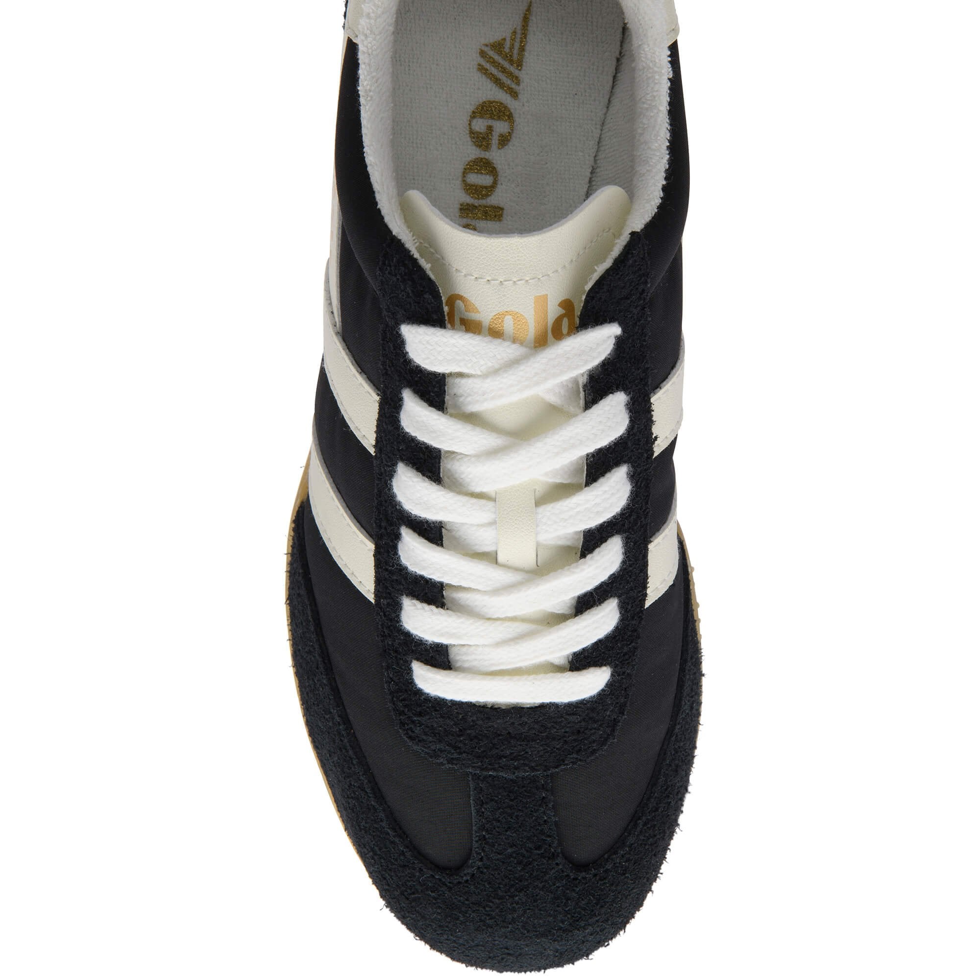 Black trainer with white laces and a visible brand logo on a white background