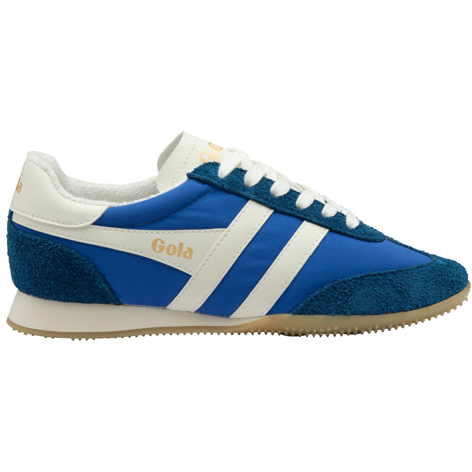 Blue and white trainer with 'Gola' branding on a white background