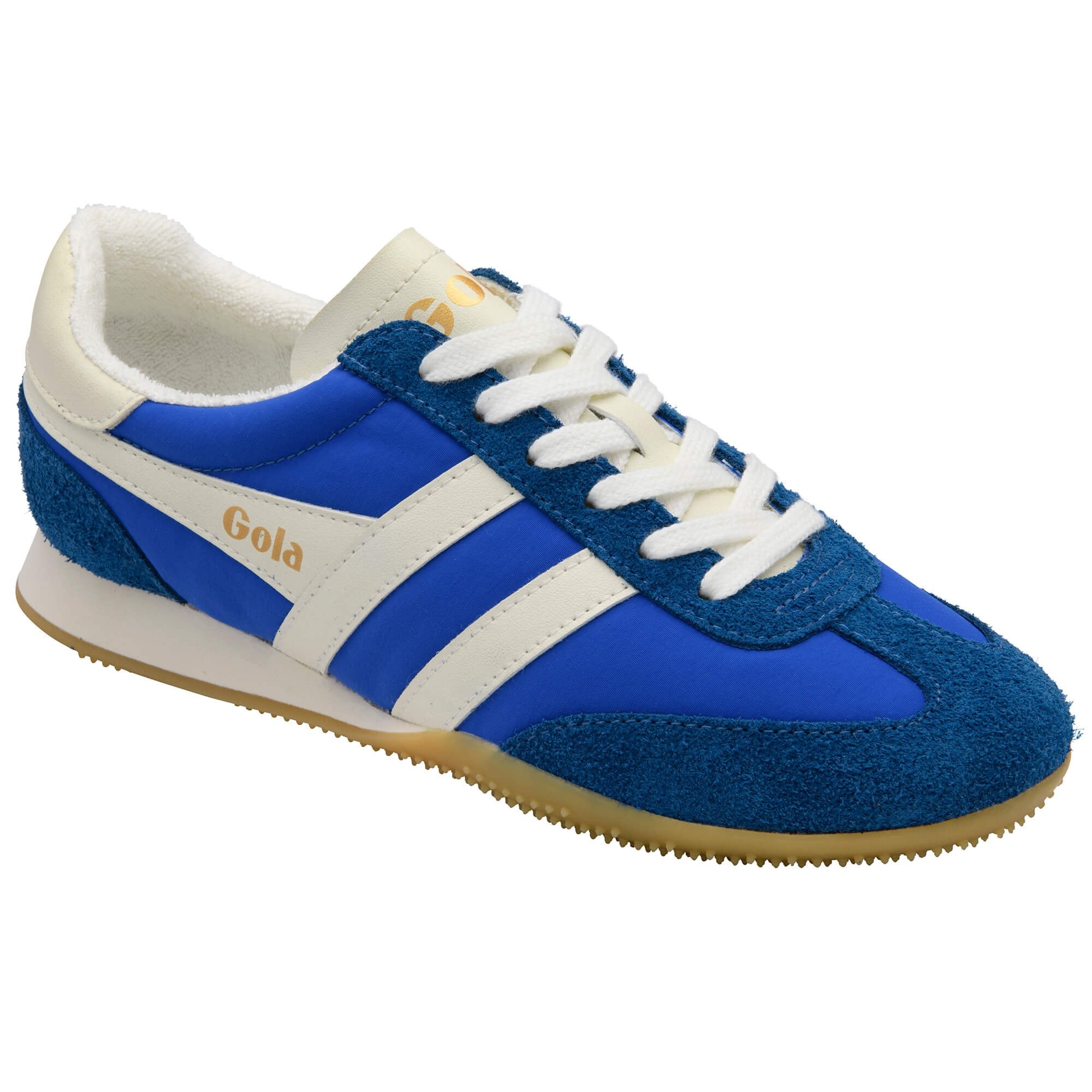Blue and white trainer with 'Gola' branding on a white background