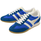 Blue and white trainers with a Gola logo on a white background