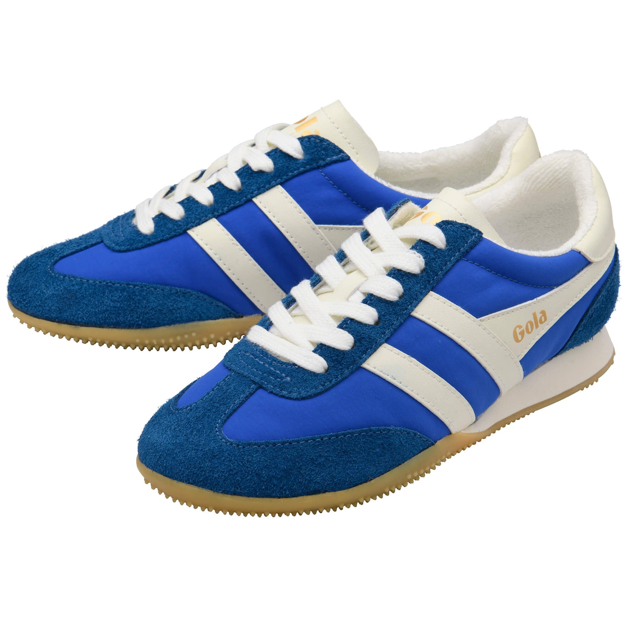 Blue and white trainers with a Gola logo on a white background