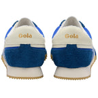 Blue and white Gola trainers on a white background