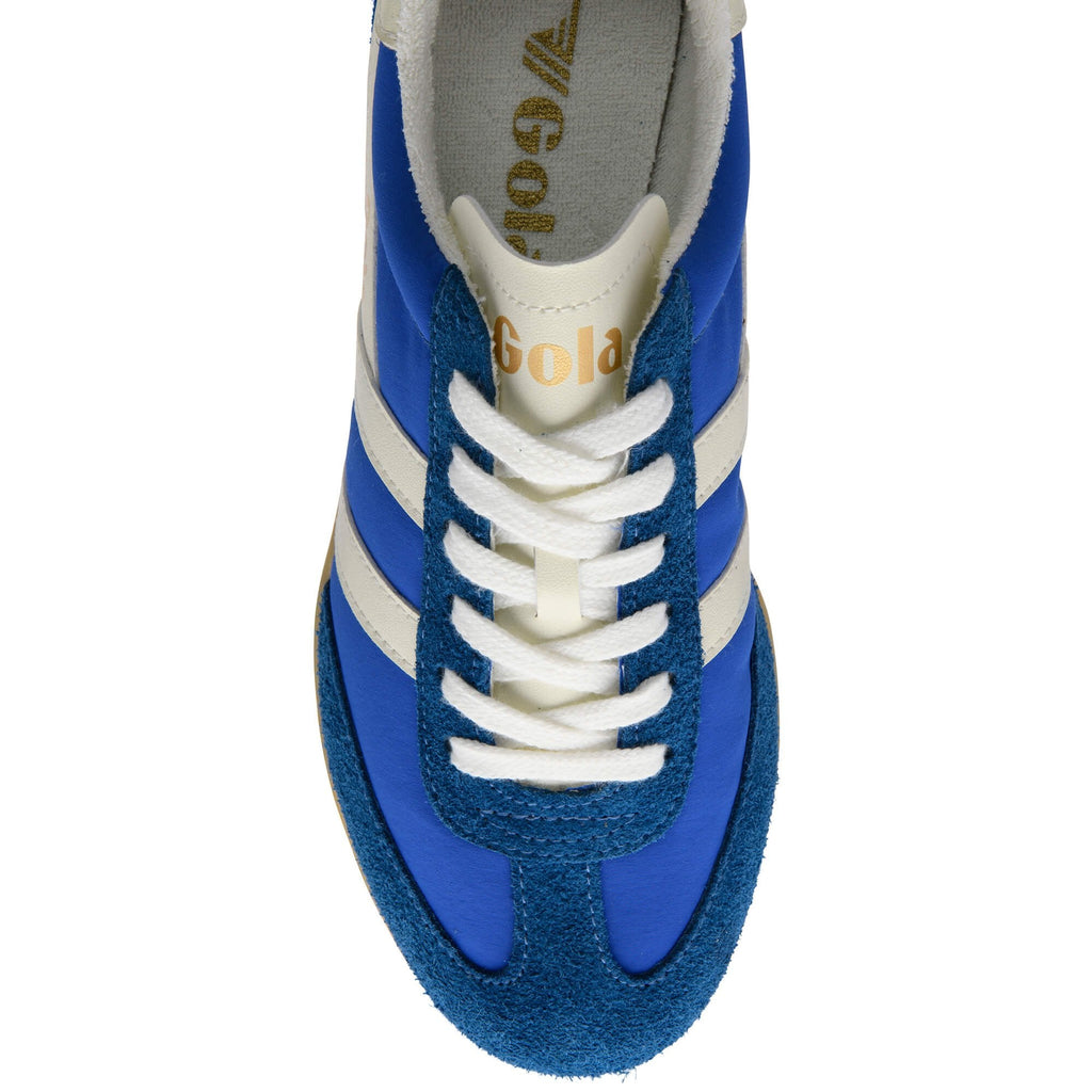 Blue trainer with white laces and 'Gola' branding on a white background