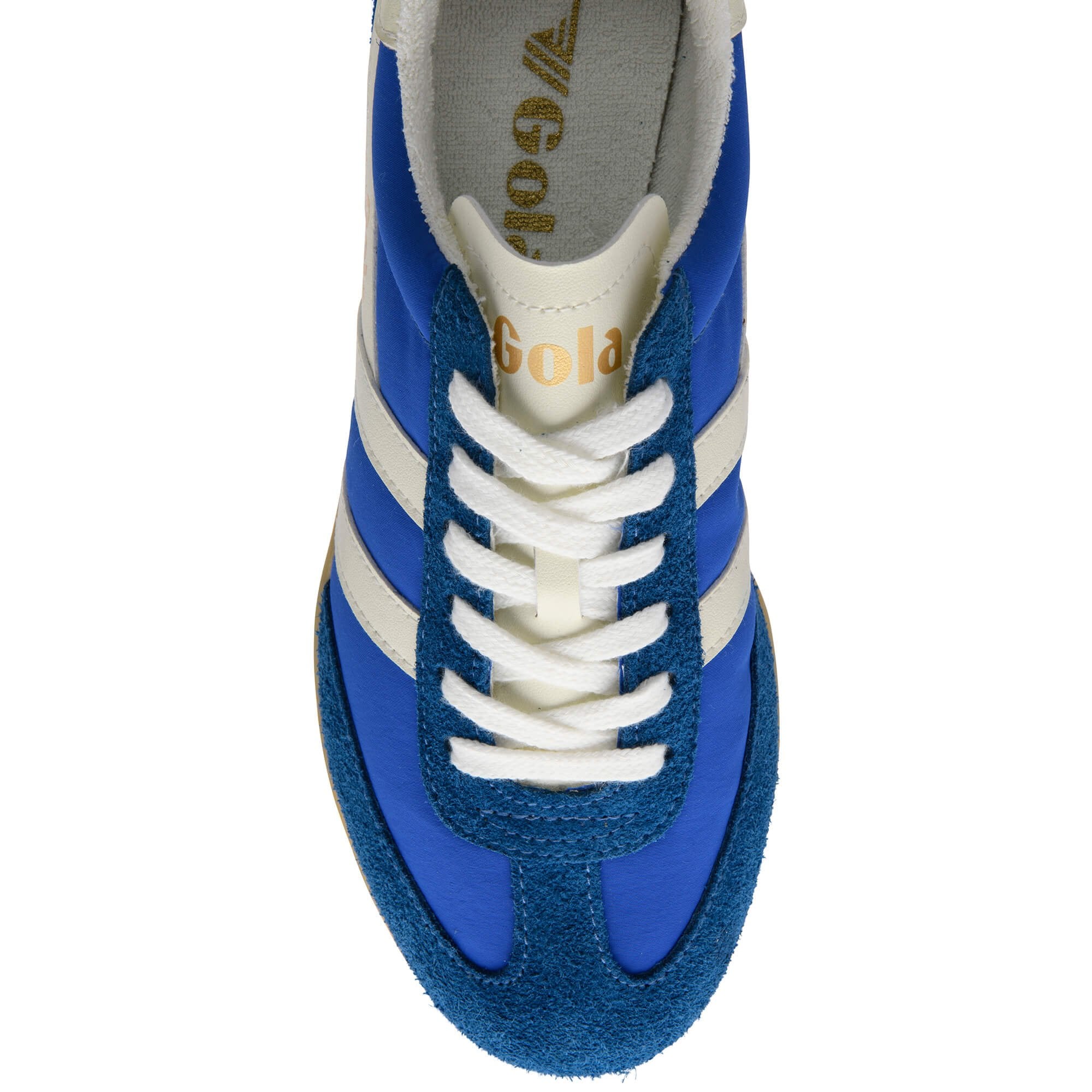 Blue trainer with white laces and 'Gola' branding on a white background