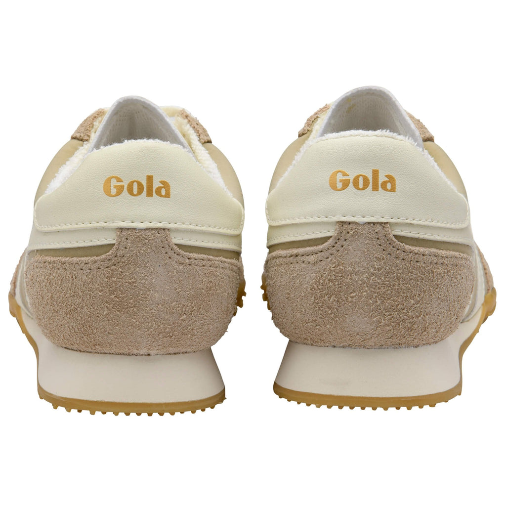 Rear view of two Gola trainers in beige and cream with gold Gola branding on the heel