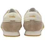 Rear view of two Gola trainers in beige and cream with gold Gola branding on the heel