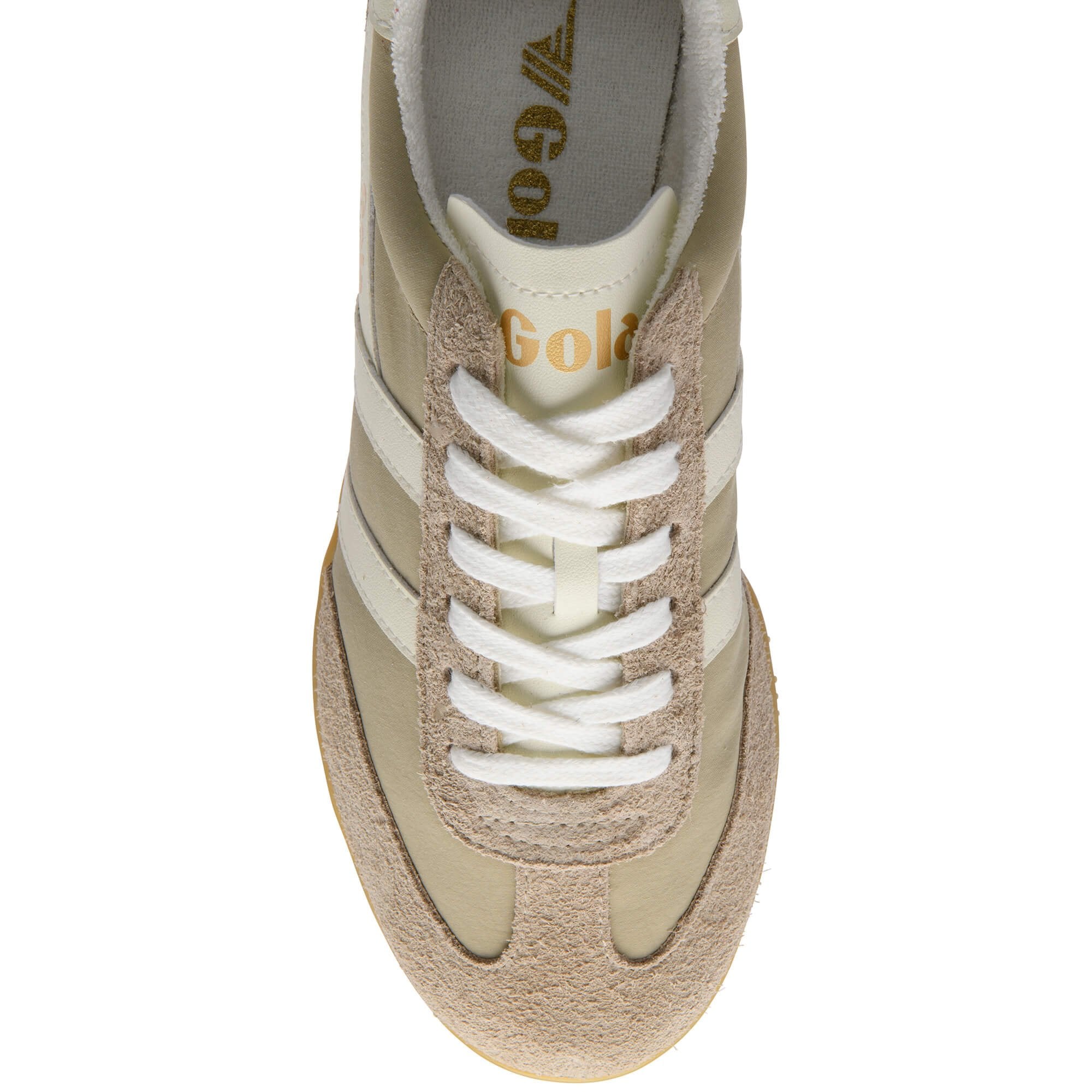 Beige trainer with white laces on a white background