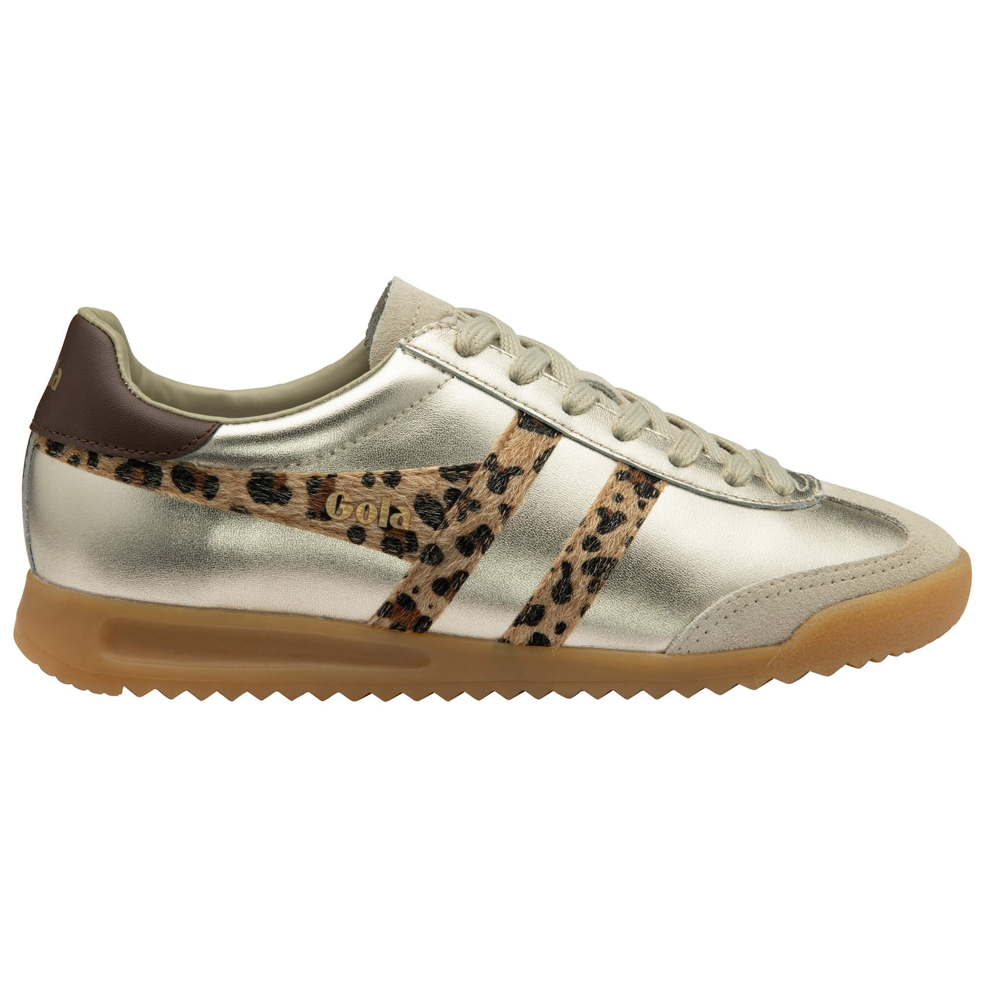Silver trainer with leopard print accents on a white background