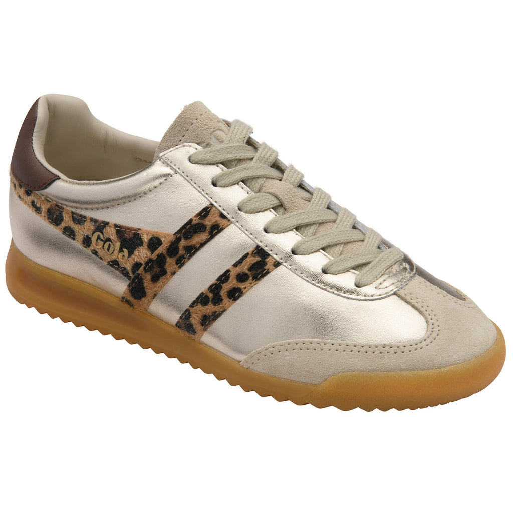 Silver trainer with leopard print accents on a white background