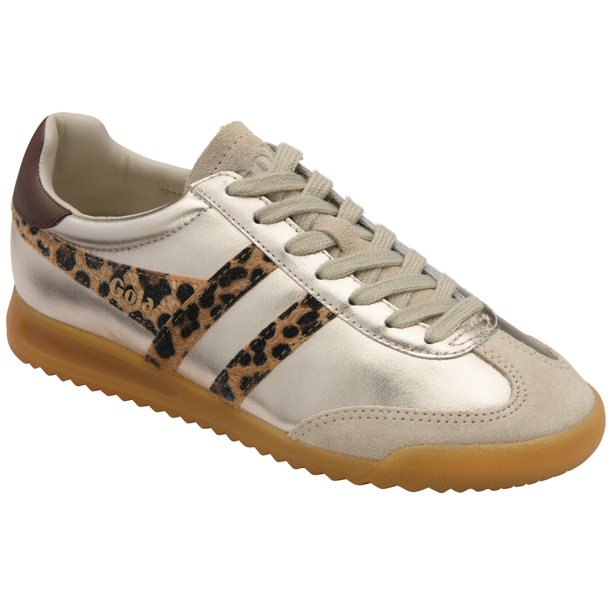 Silver trainer with leopard print accents on a white background