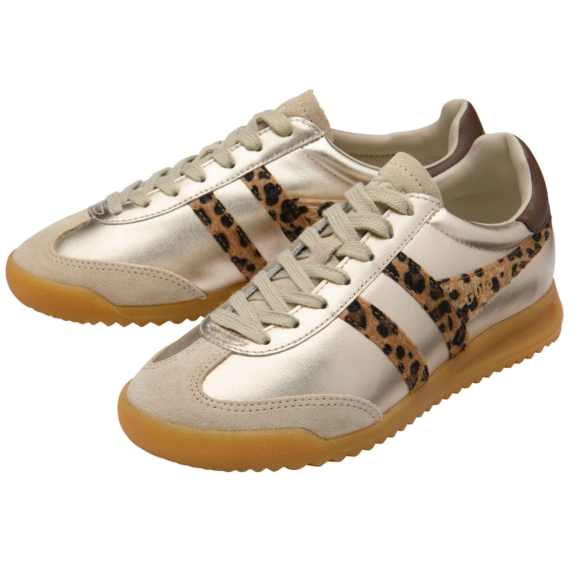 Pair of trainers with leopard print accents on a white background