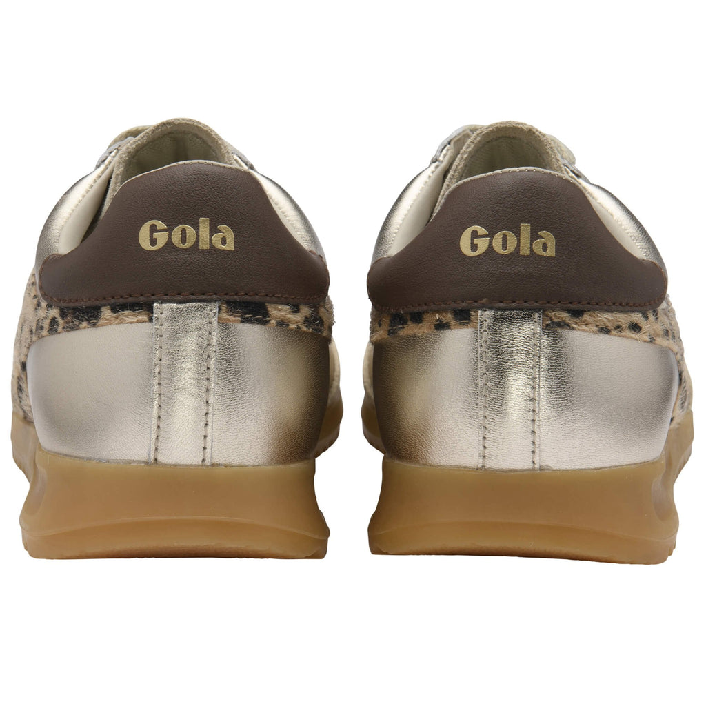 Pair of Gola trainers with metallic sole and brown accents on a white background