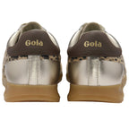 Pair of Gola trainers with metallic sole and brown accents on a white background