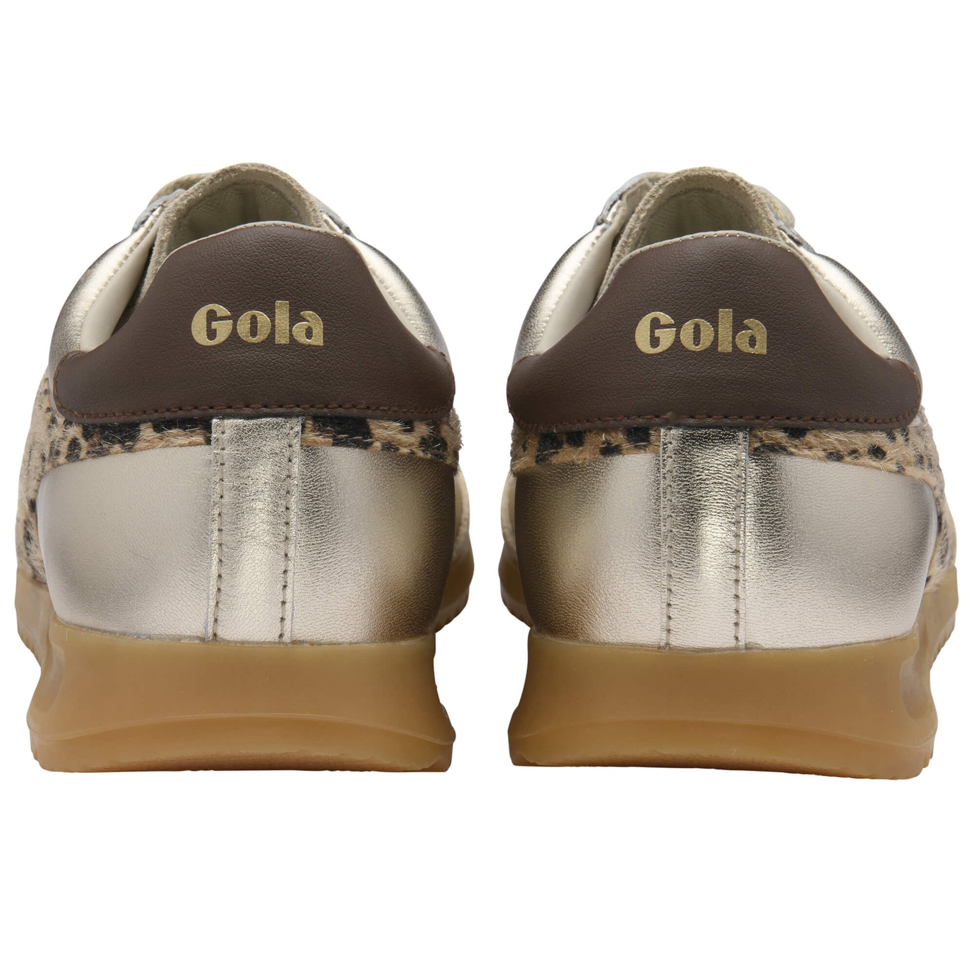 Pair of Gola trainers with metallic sole and brown accents on a white background