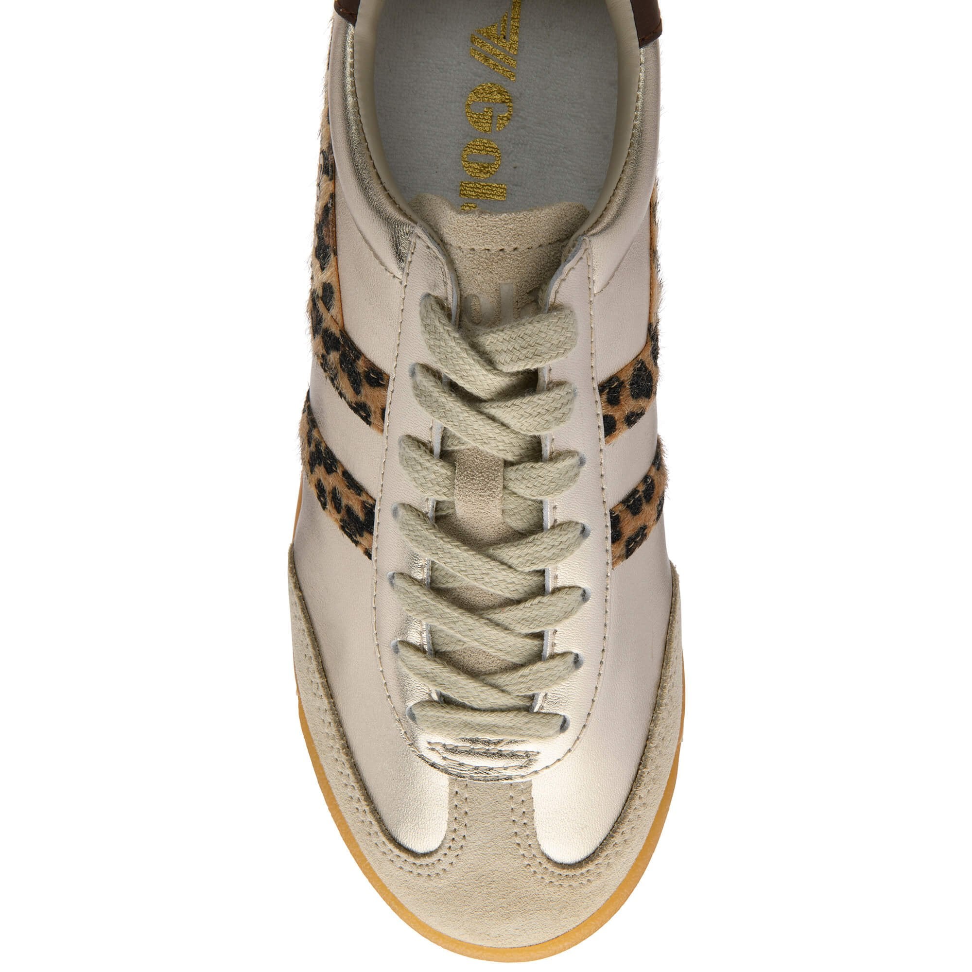 Top-down view of a beige trainer with leopard print stripes and beige laces