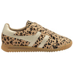 Leopard print trainer with beige accents on a white background