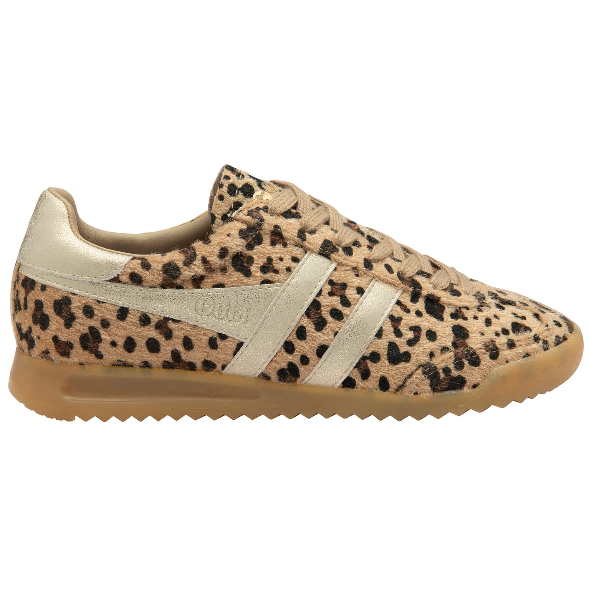 Leopard print trainer with beige accents on a white background