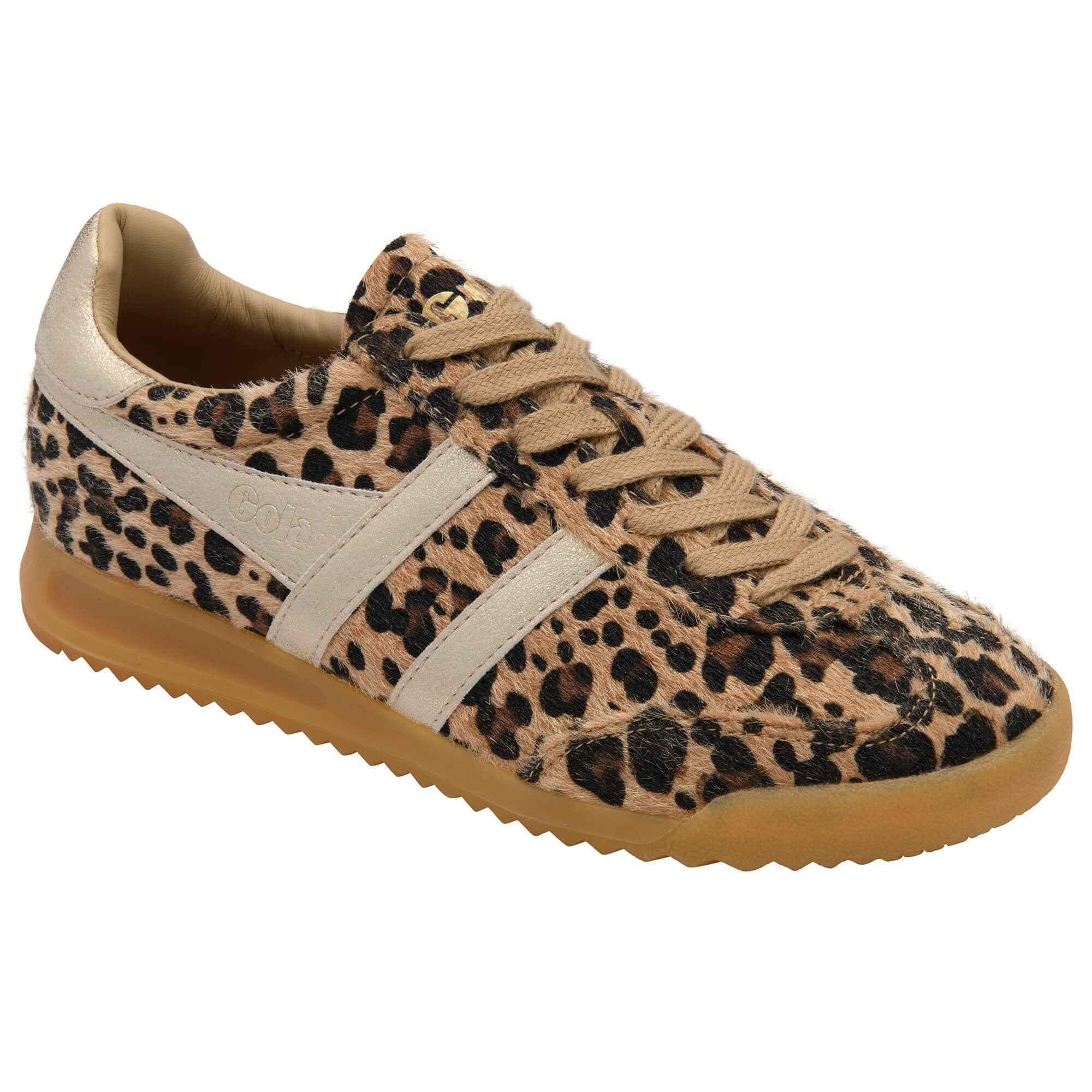 Leopard print trainer with beige accents on a white background