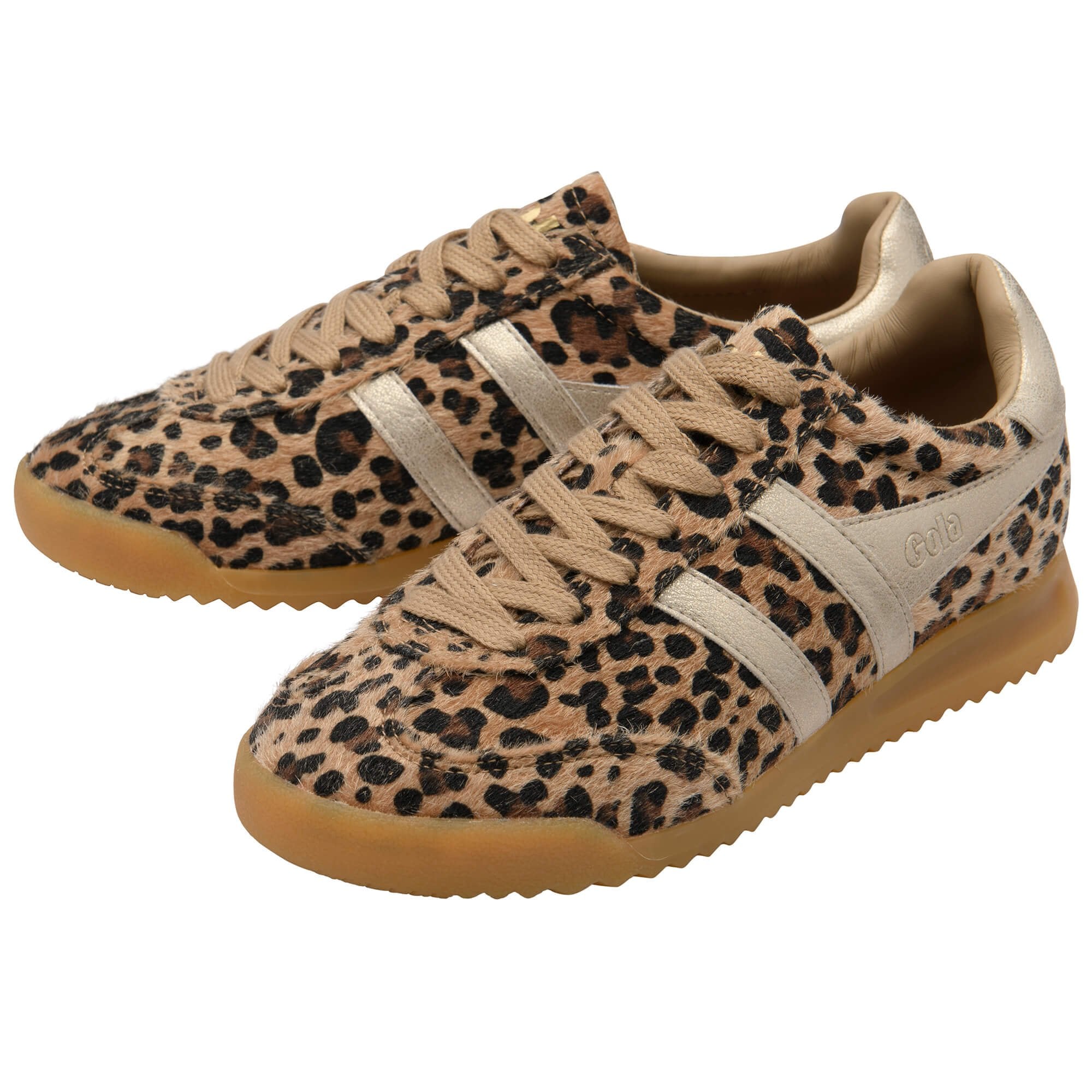Leopard print trainers with beige laces on a white background