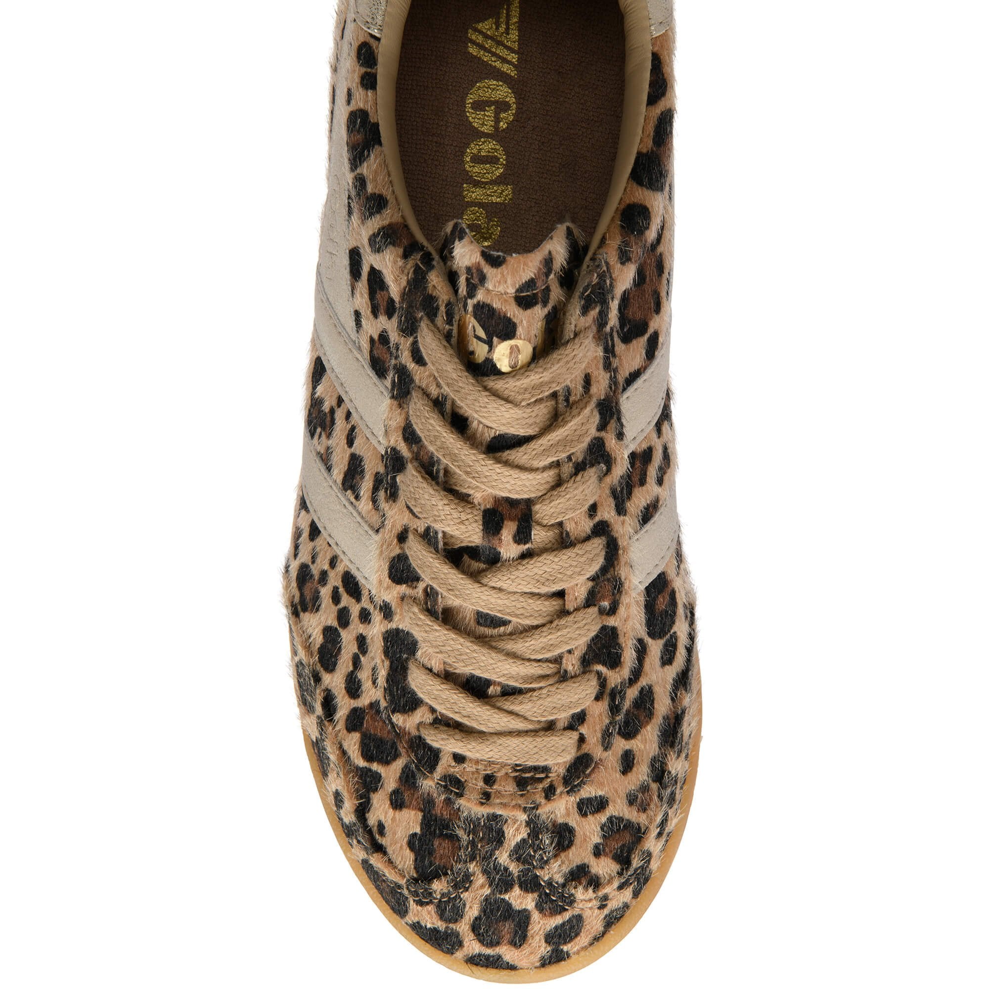 Top down view of a leopard print trainer with tan laces and tan stripes on the side