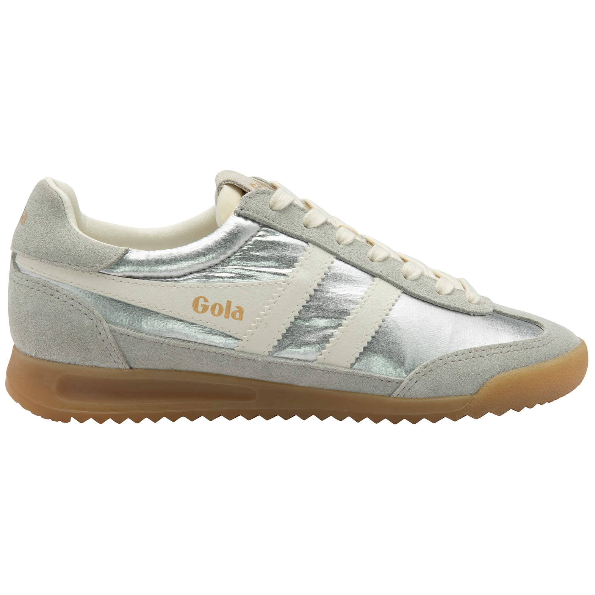 Gola women's trainer in silver with white stripes and laces, grey suede trim, and a brown sole