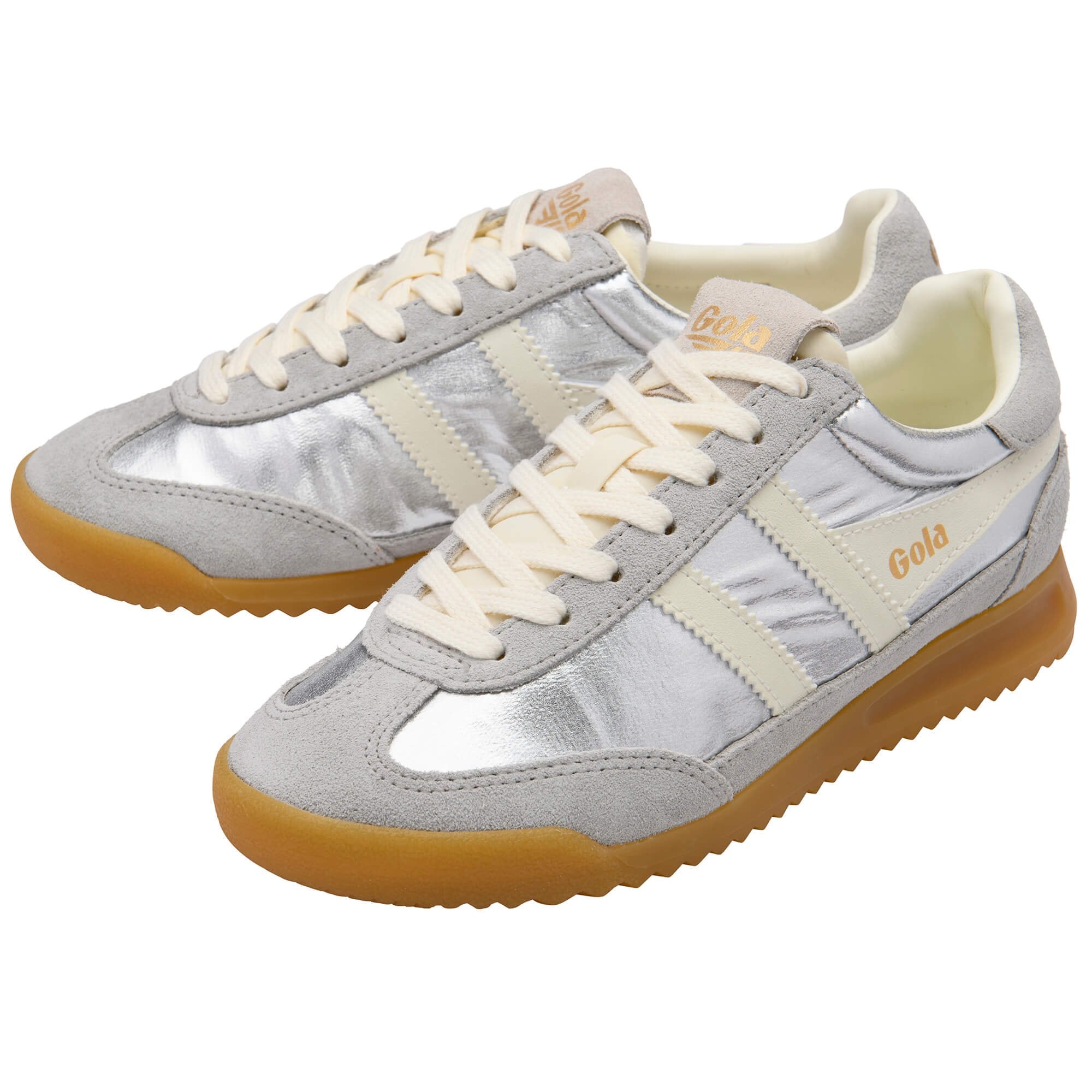 Pair of Gola trainers in silver and light grey with cream laces and gum soles