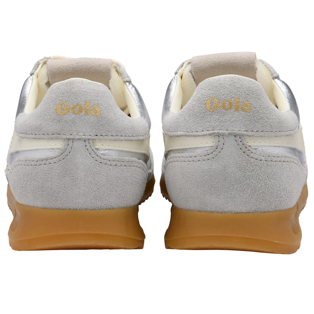 Grey trainers with gold sole and 'Gola' branding on a white background