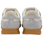 Grey trainers with gold sole and 'Gola' branding on a white background