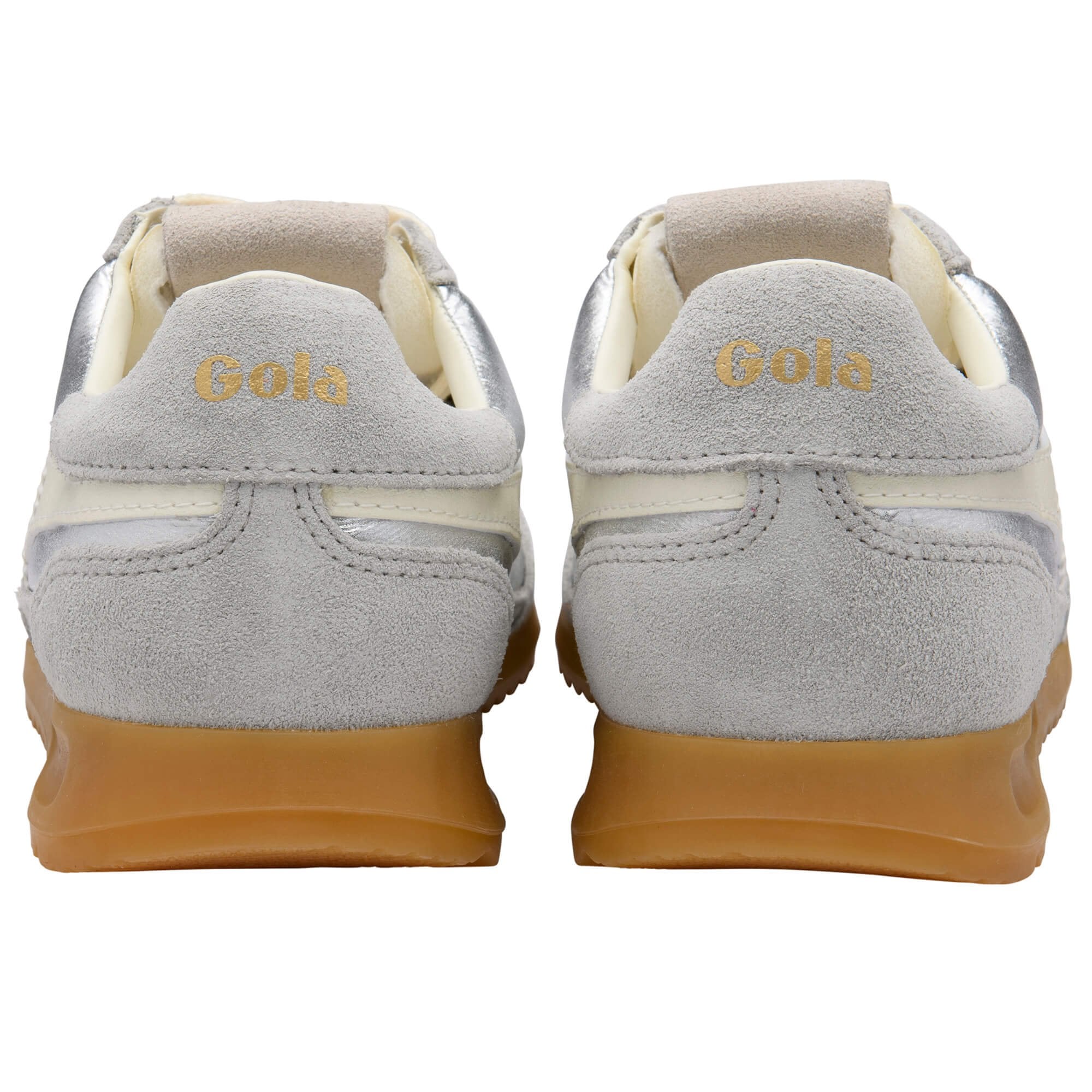Grey trainers with gold sole and 'Gola' branding on a white background
