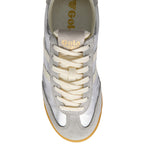 Grey trainer with white laces on a white background