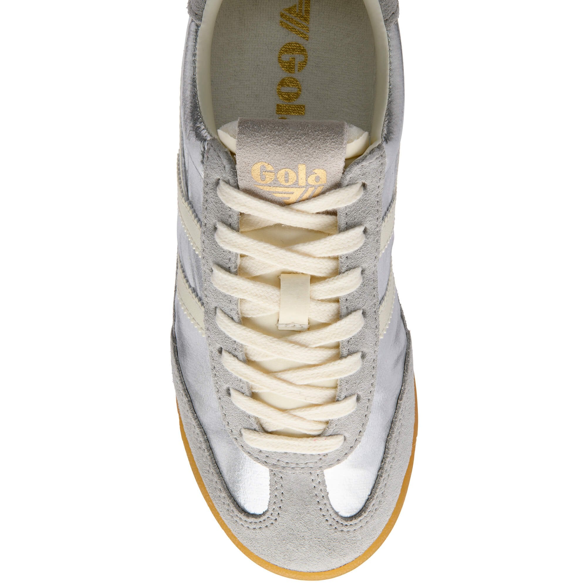 Grey trainer with white laces on a white background