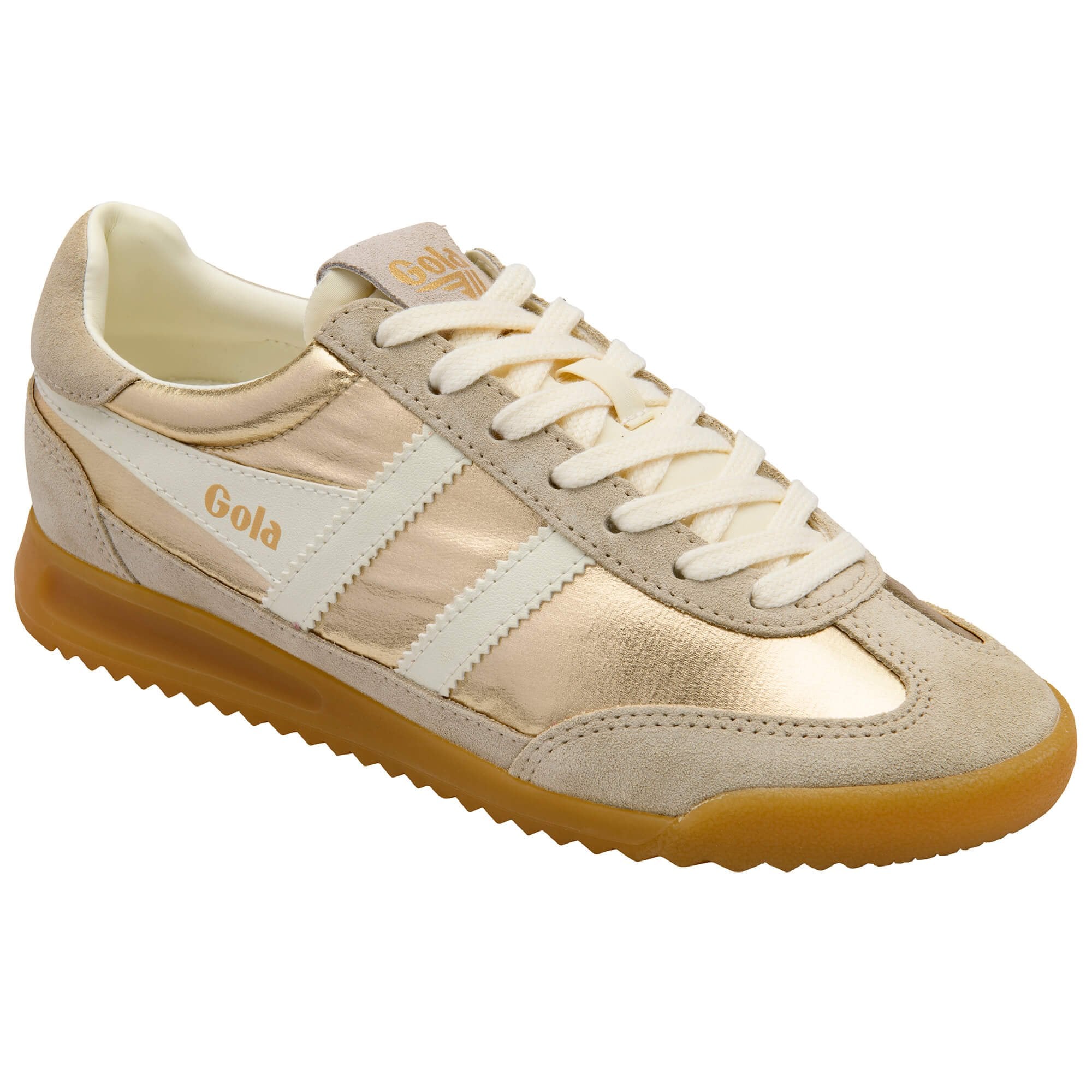 Beige trainer with white laces on a white background