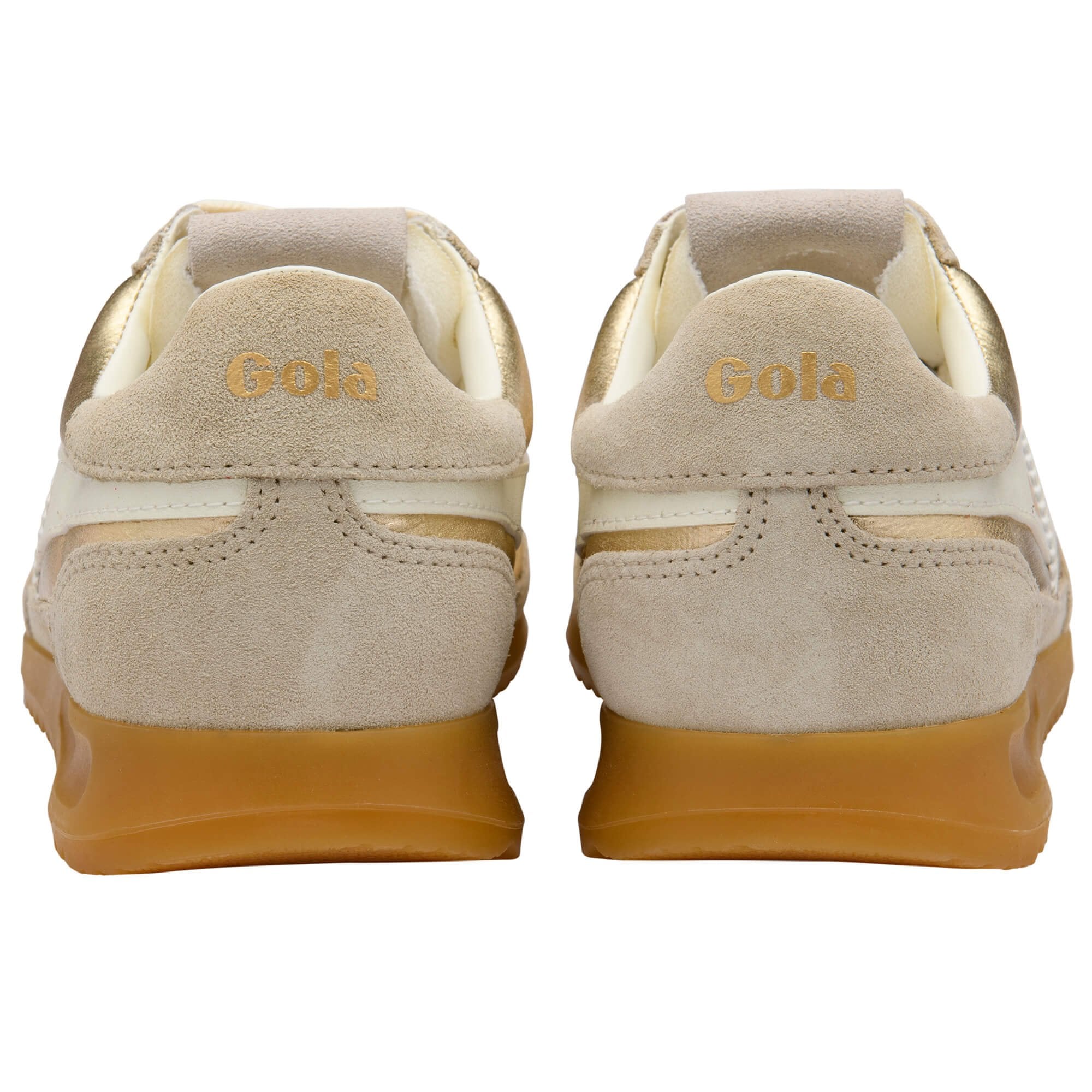 Beige trainers with 'Gola' branding on a white background