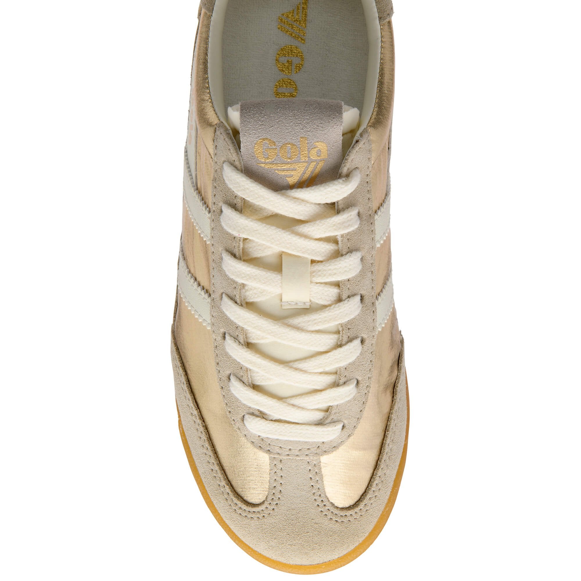 Beige trainer with white laces on a white background