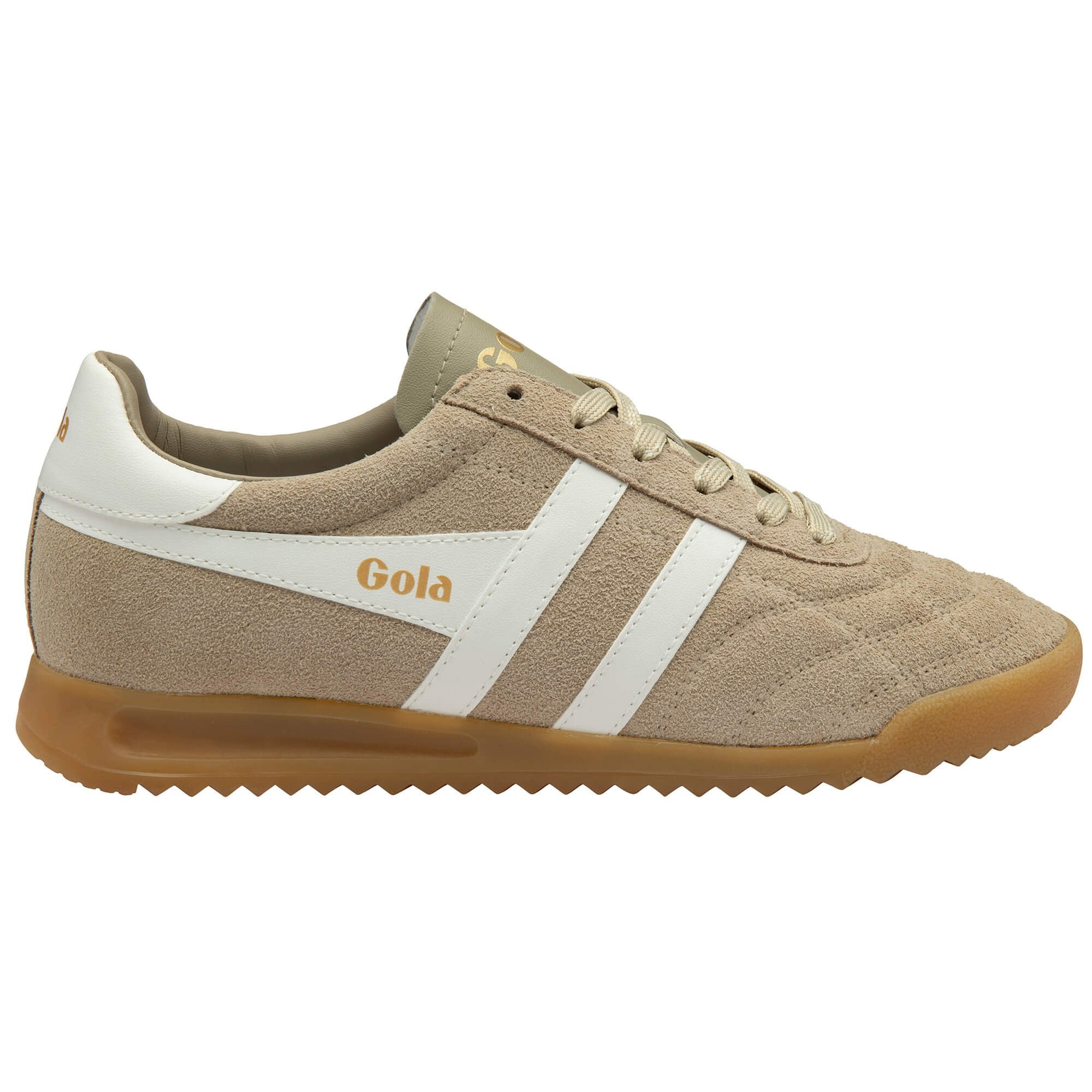 Beige trainer with white stripes and 'Gola' branding on a white background