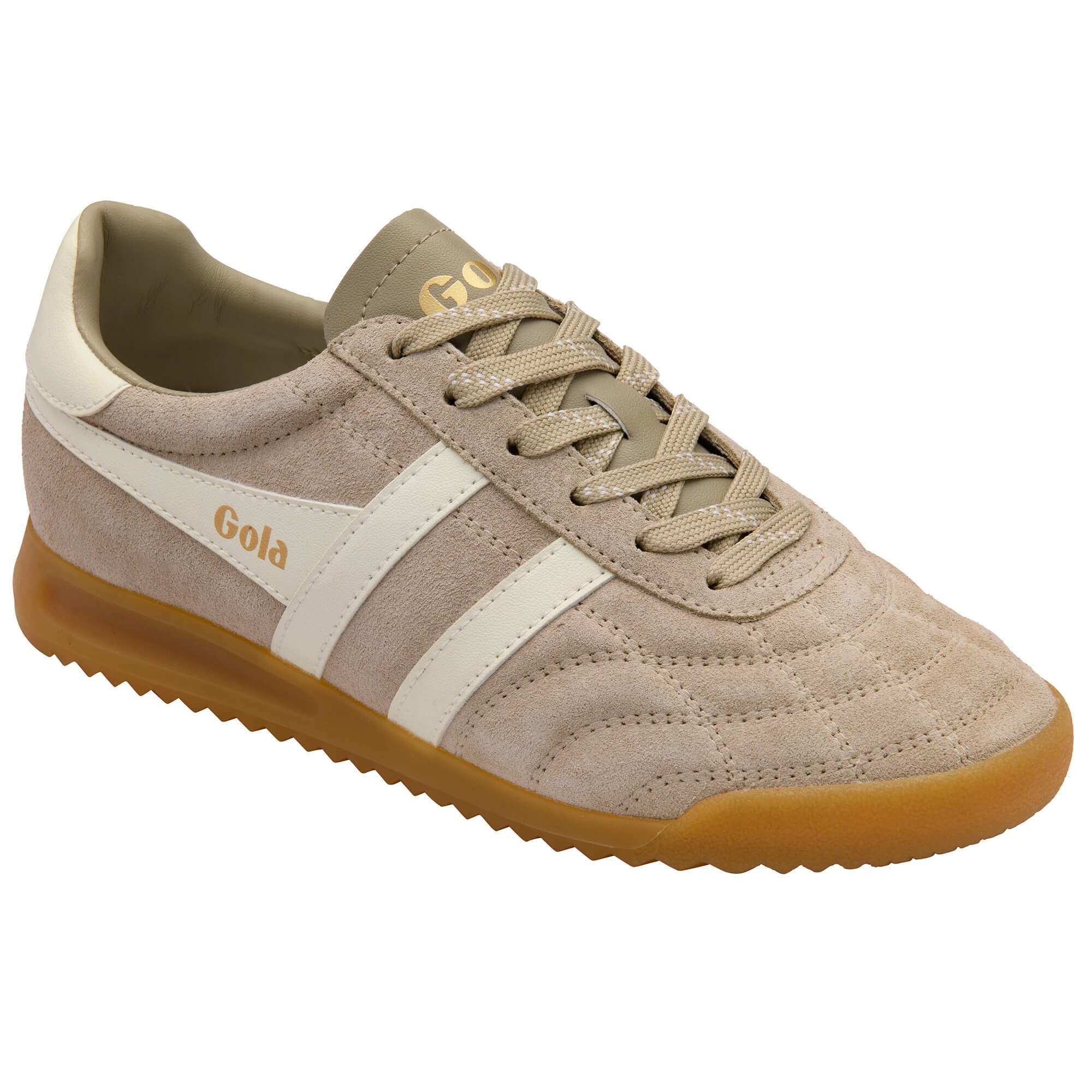 Beige trainer with brown sole on a white background