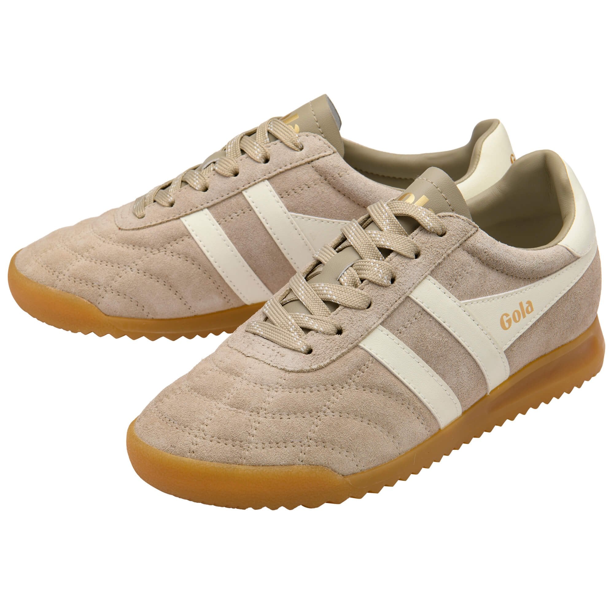Pair of Gola trainers in beige suede with white stripes and gum sole