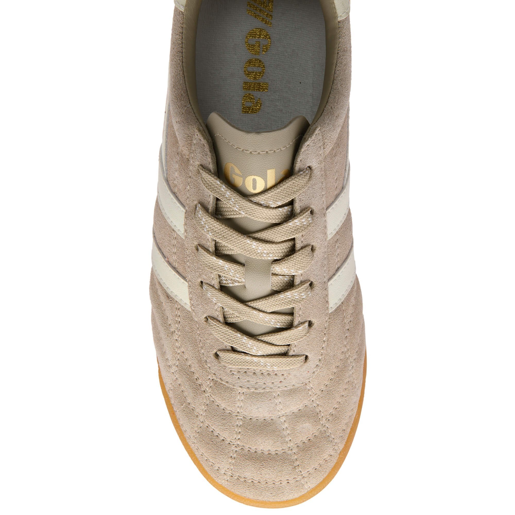 Beige sneaker with white stripes on a white background
