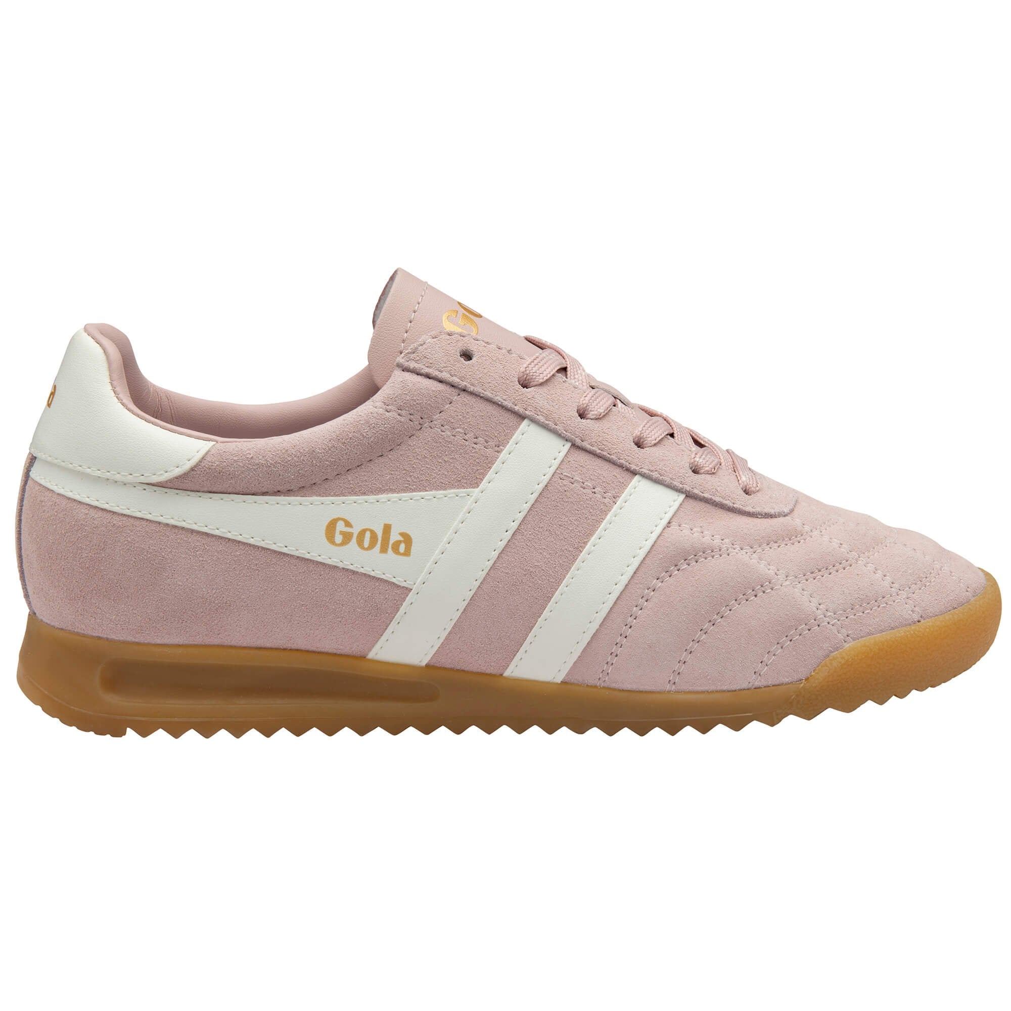 Gola women's trainer in pink suede with white stripes and a brown gum sole