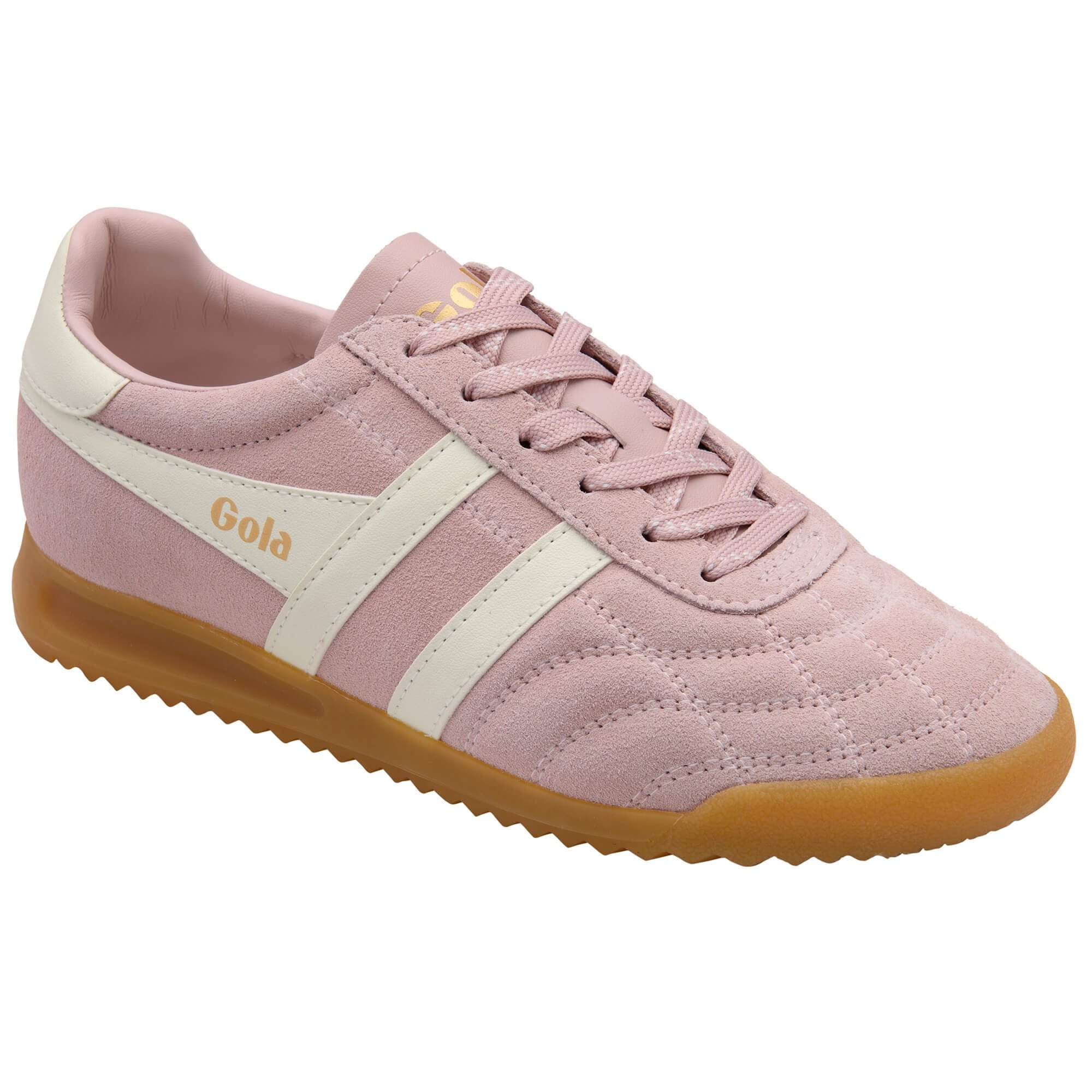 Pink trainer with white sole on a white background