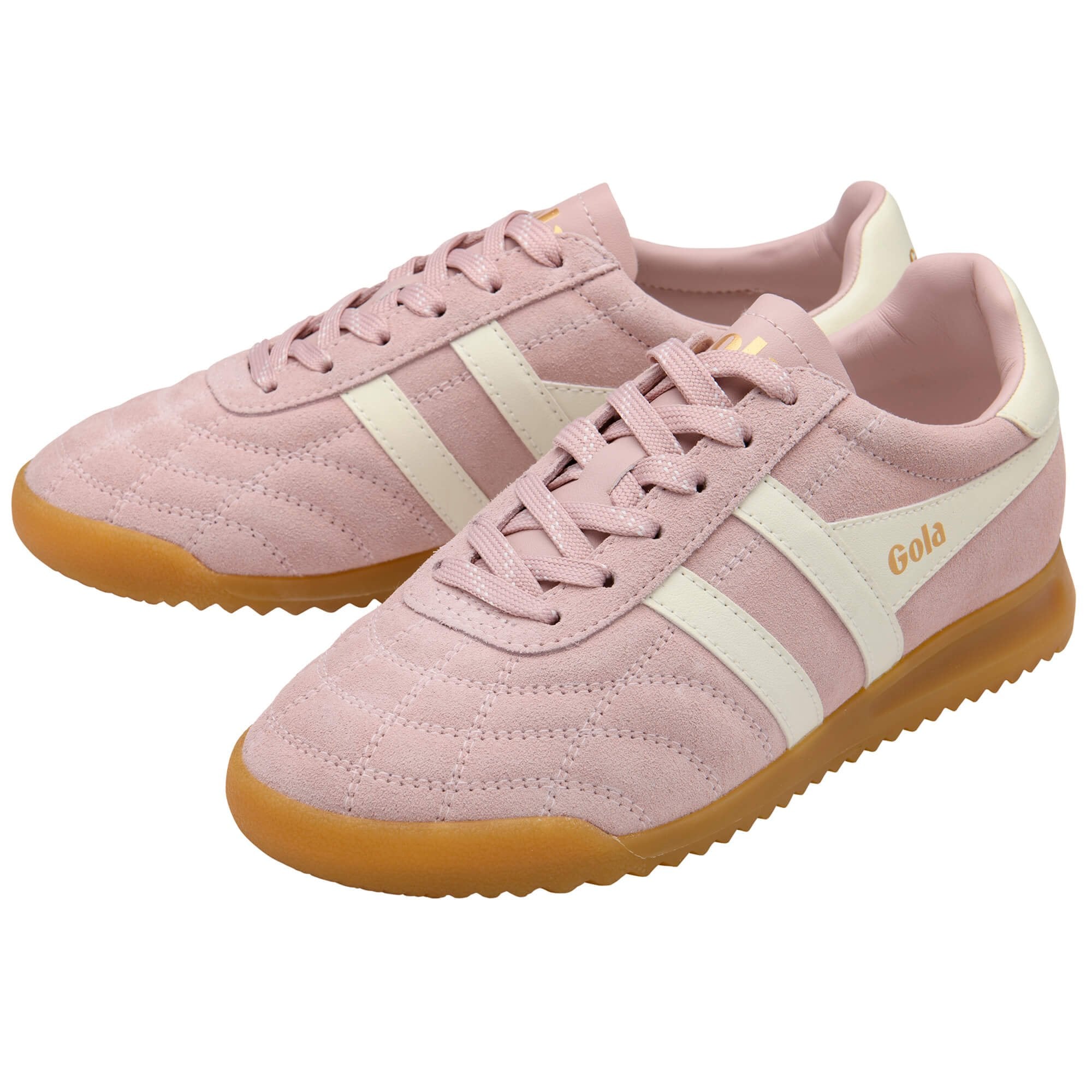 Pink trainers with white stripes and brown soles on a white background